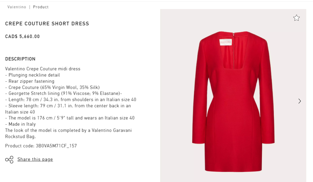The website features a captivating image of a red Valentino crepe couture short dress, exuding style and sophistication