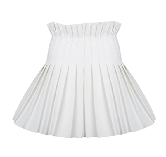 A white skirt with pleats on the front, perfect for a stylish and elegant look