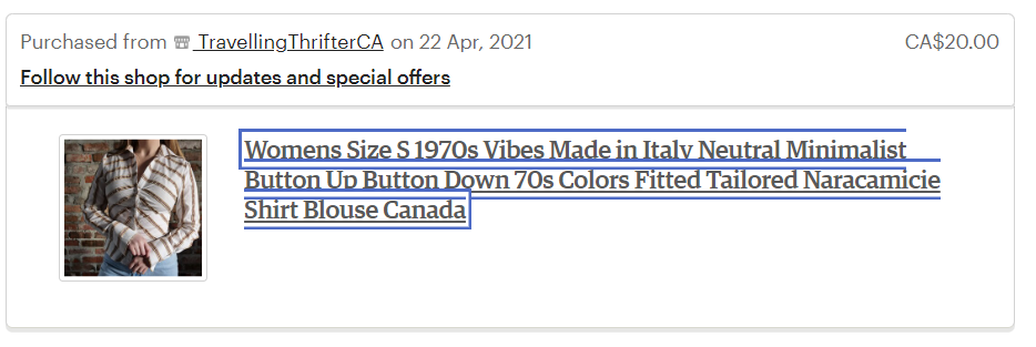 Screenshot of an etsy interface displaying a clothing purchase
