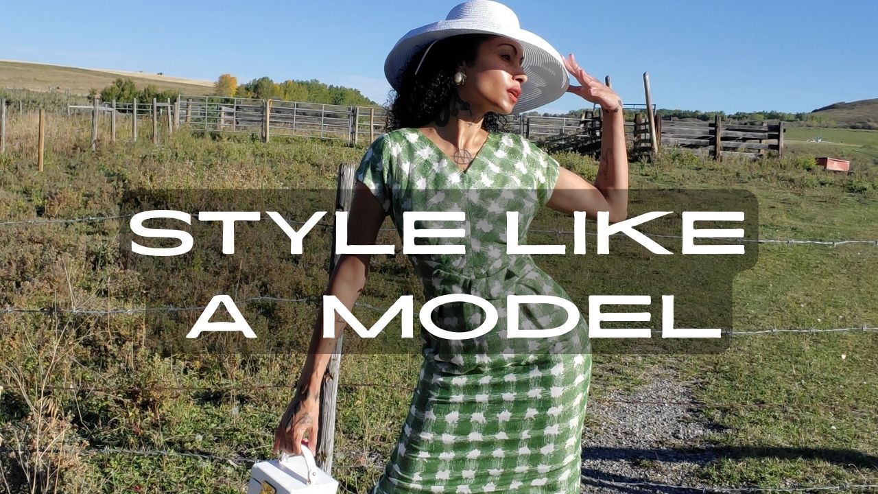 An effortlessly chic woman in a 1950s dress, embodying the essence of a fashion model with her impeccable style.