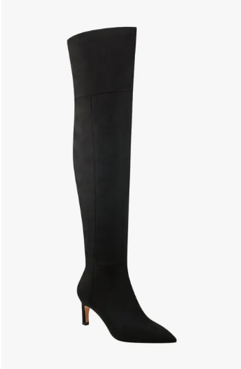 A woman's black knee high boot, exuding elegance and style. Perfect for any occasion, this sleek footwear complements any outfit