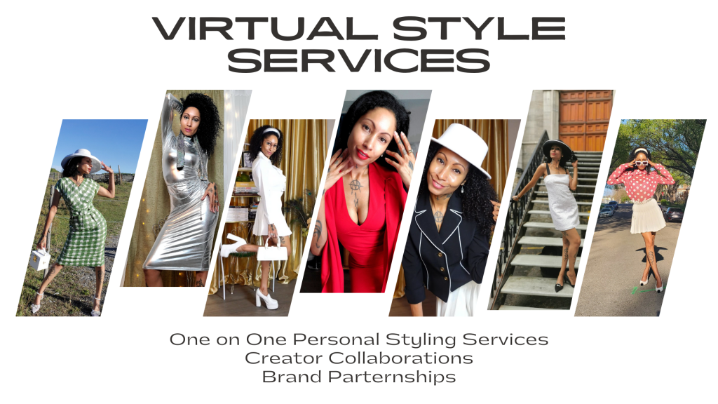Virtual stylist showcasing one-on-one personal styling services, modeling feminine looks to exhibit fashion expertise.