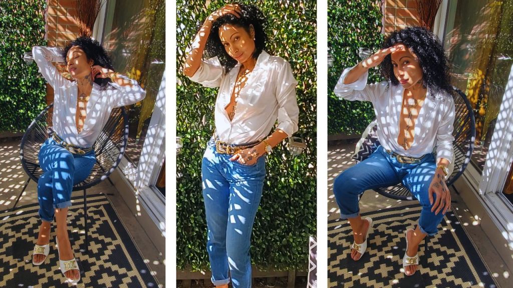A chic lady in high-waisted blue jeans and a white satin blouse is featured in three photos