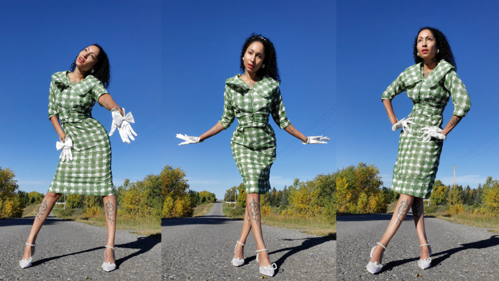 Graceful lady donning 1950s-inspired green & white checkered dress and lace heels.