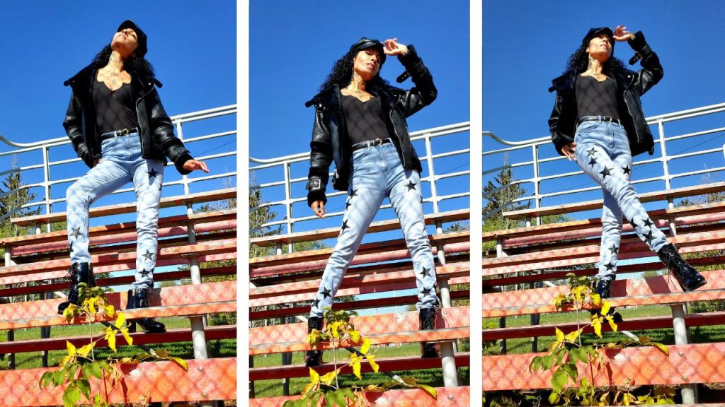 Three snapshots of a fashionable woman in high-waisted jeans and a sleek black bomber jacket.