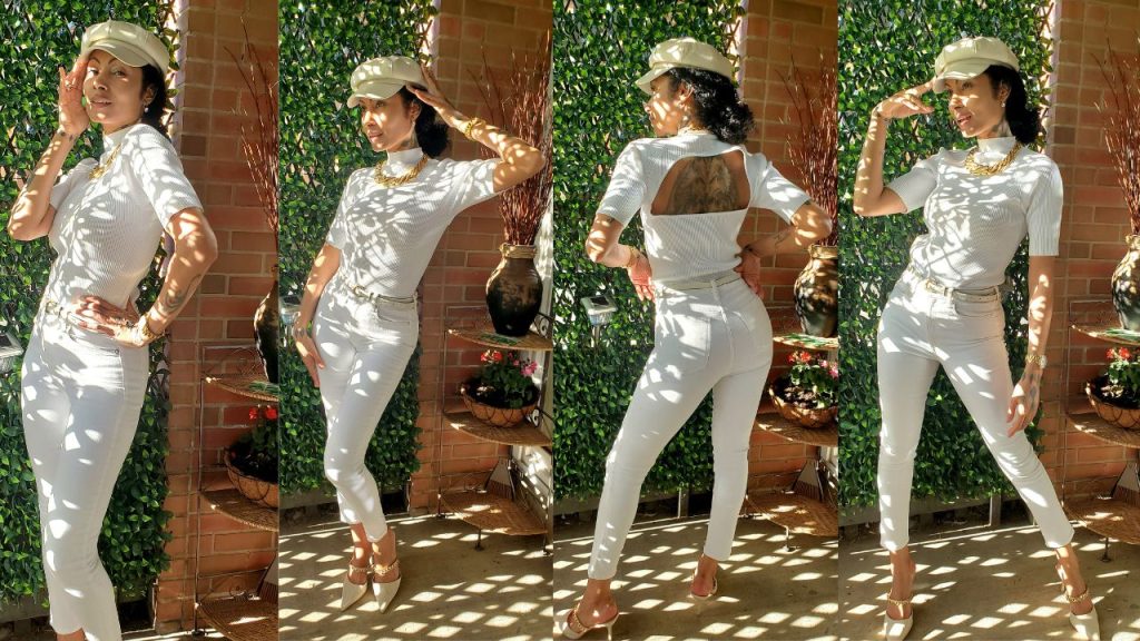 A stunning lady donning an exquisite all-white denim ensemble, radiating elegance and grace in three captivating photographs.