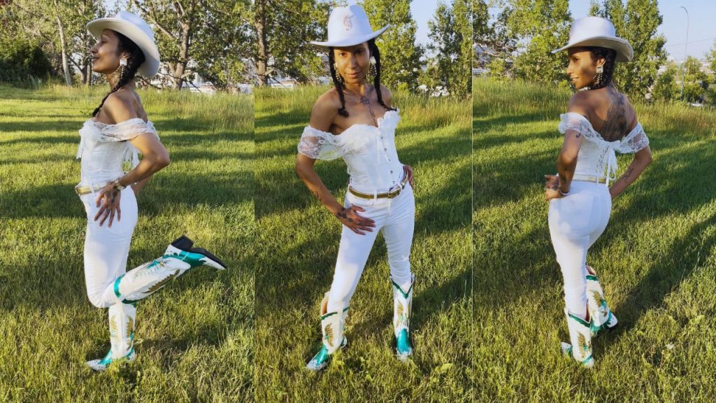 Three captivating images of a woman wearing a cowboy hat and white pants, showcasing her chic and adventurous western style and spirit.