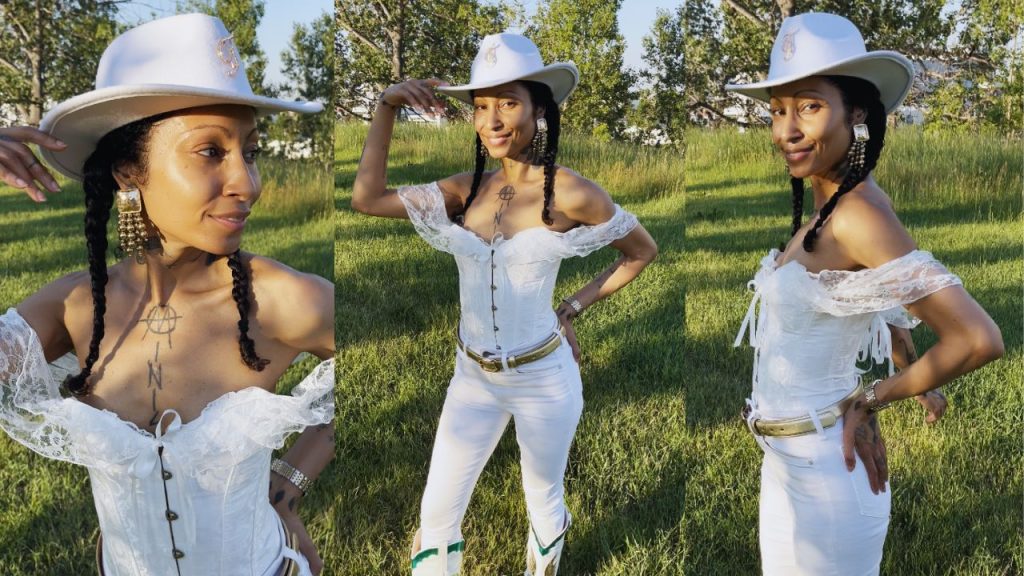 A stylish woman in a cowboy hat and white pants, captured in three elegant poses, exuding confidence and charm.