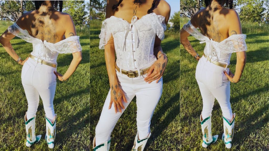 A fashionable woman in a cowboy hat and white pants, displayed in three stunning images, radiating sophistication and allure with a western wear flair.