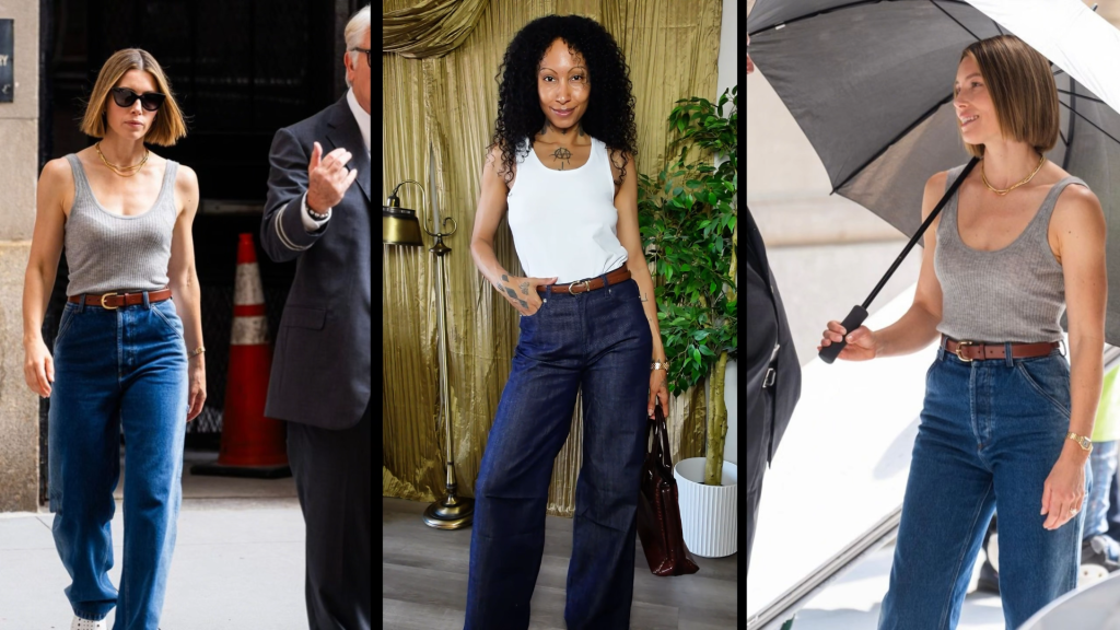 Tiffini Truth wearing a white tank top paired with wide-leg jeans, accessorized with a patent leather handbag and minimal gold jewelry, creating a clean and elevated casual look in neutral tones.