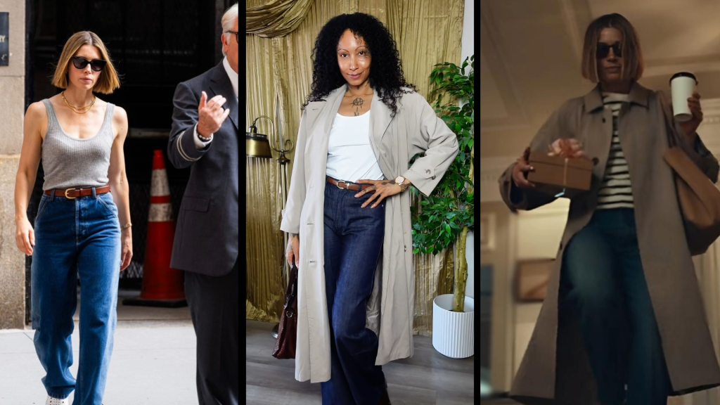 Tiffini Truth wearing wide-leg jeans styled with a leather belt and a classic trench coat, combining casual comfort with timeless, polished elegance.