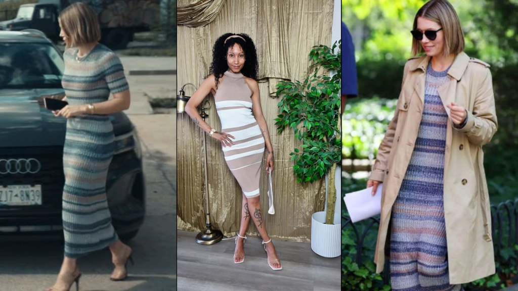 Tiffini Truth wearing a vertical striped midi dress paired with a geometric clutch, showcasing a sophisticated and modern neutral-toned outfit.