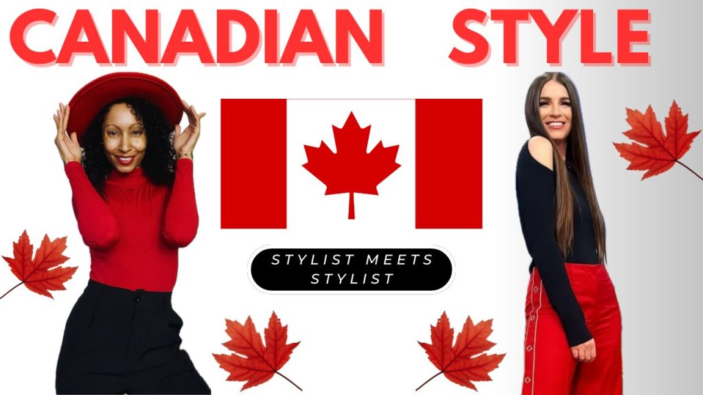 2 Canadian stylists dressed in red and black with a Canadian flag 